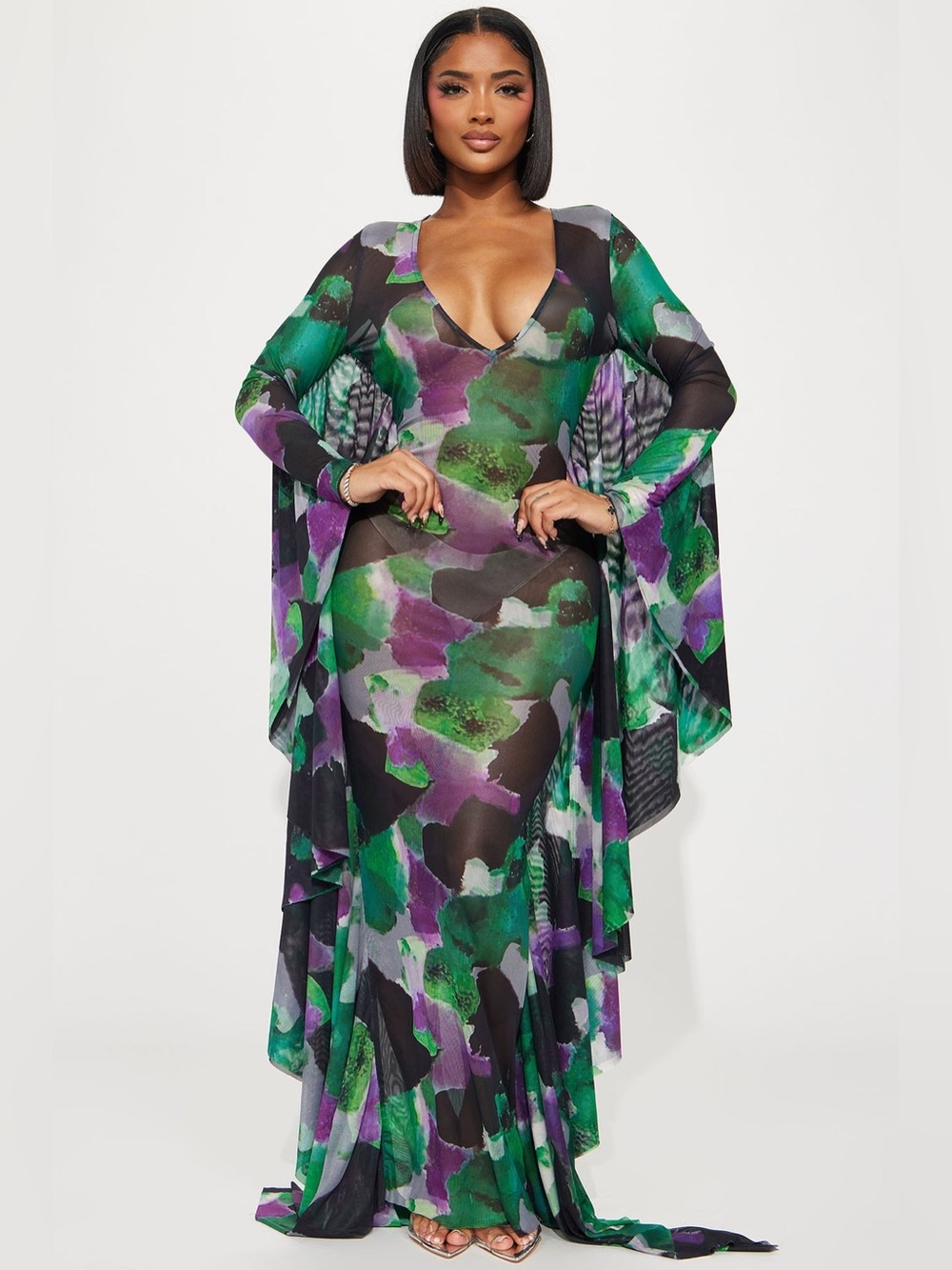 Fashion Nova Mariposa Mesh Maxi Dress M Watercolor Abstract V-Neck Strappy Back